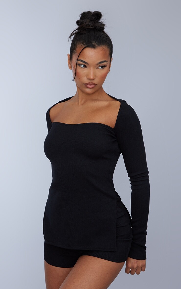 

PrettyLittleThing Черный топ с длинными рукавами в рубчик оттоманки