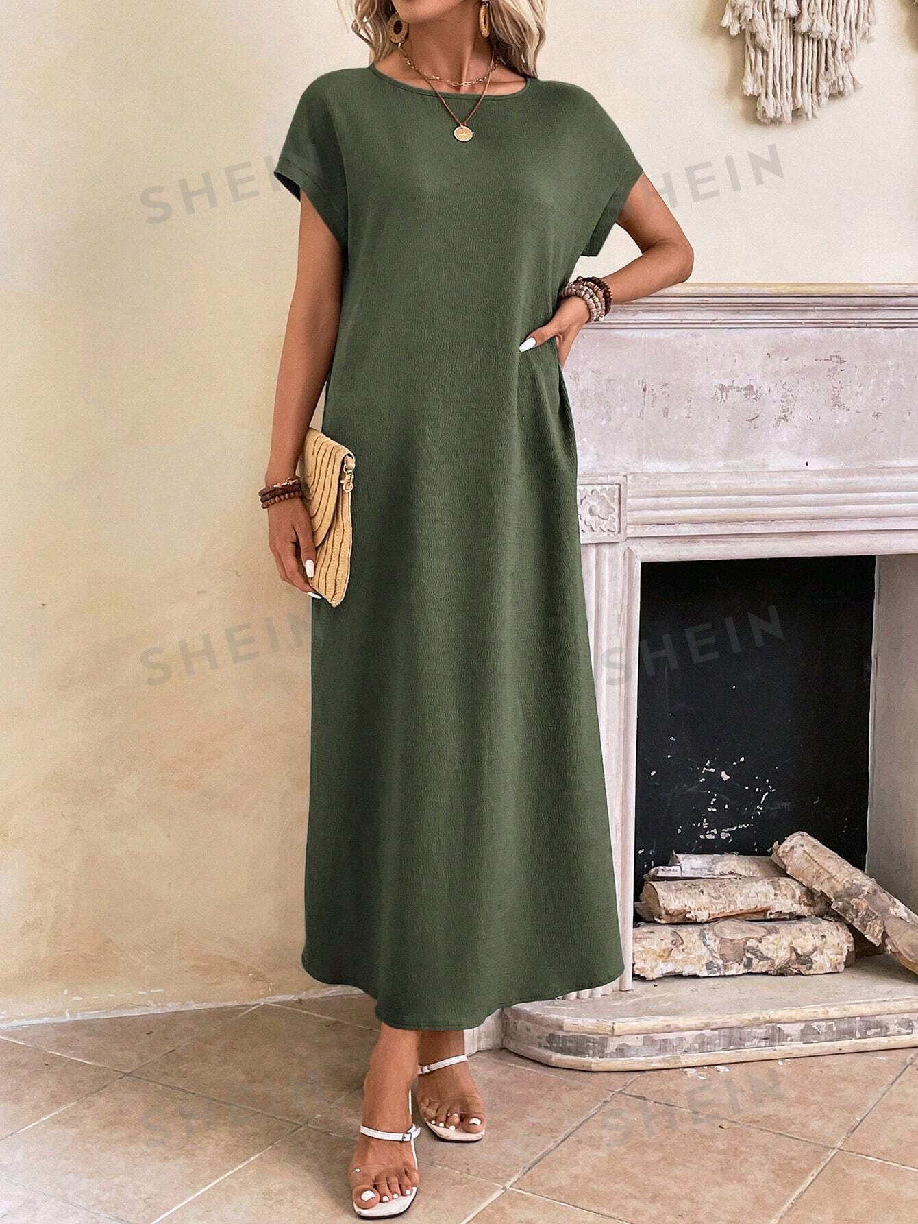 цена EMERY ROSE Однотонное летнее платье-туника с рукавами «летучая мышь», армейский зеленый