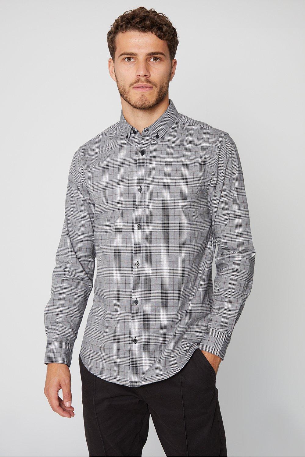 Рубашка в клетку 'Zedd' из хлопка с длинными рукавами и стрейчем Threadbare, серый