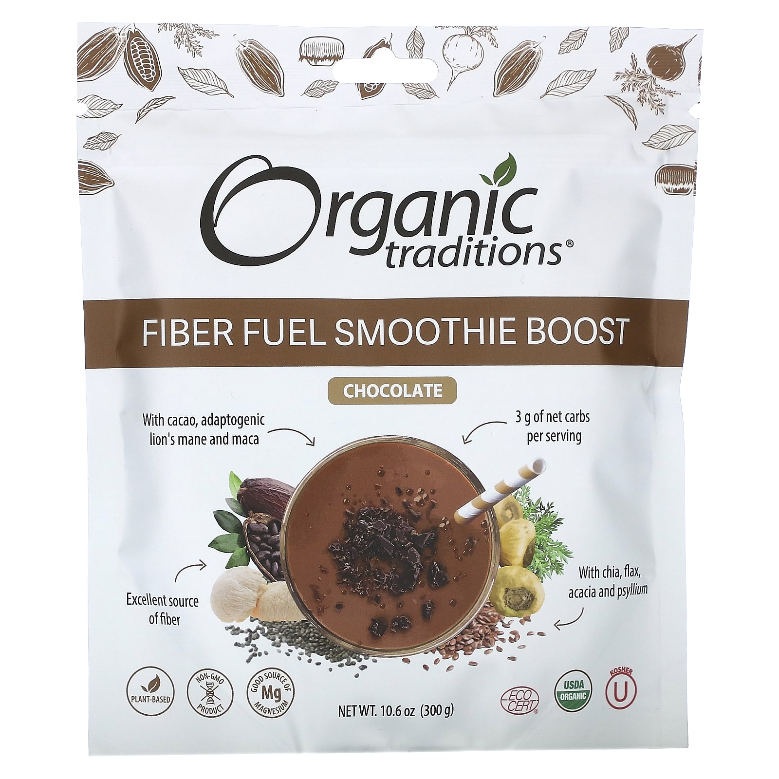 

Fiber Fuel Smoothie Boost, шоколад, 300 г (10,6 унции), Organic Traditions