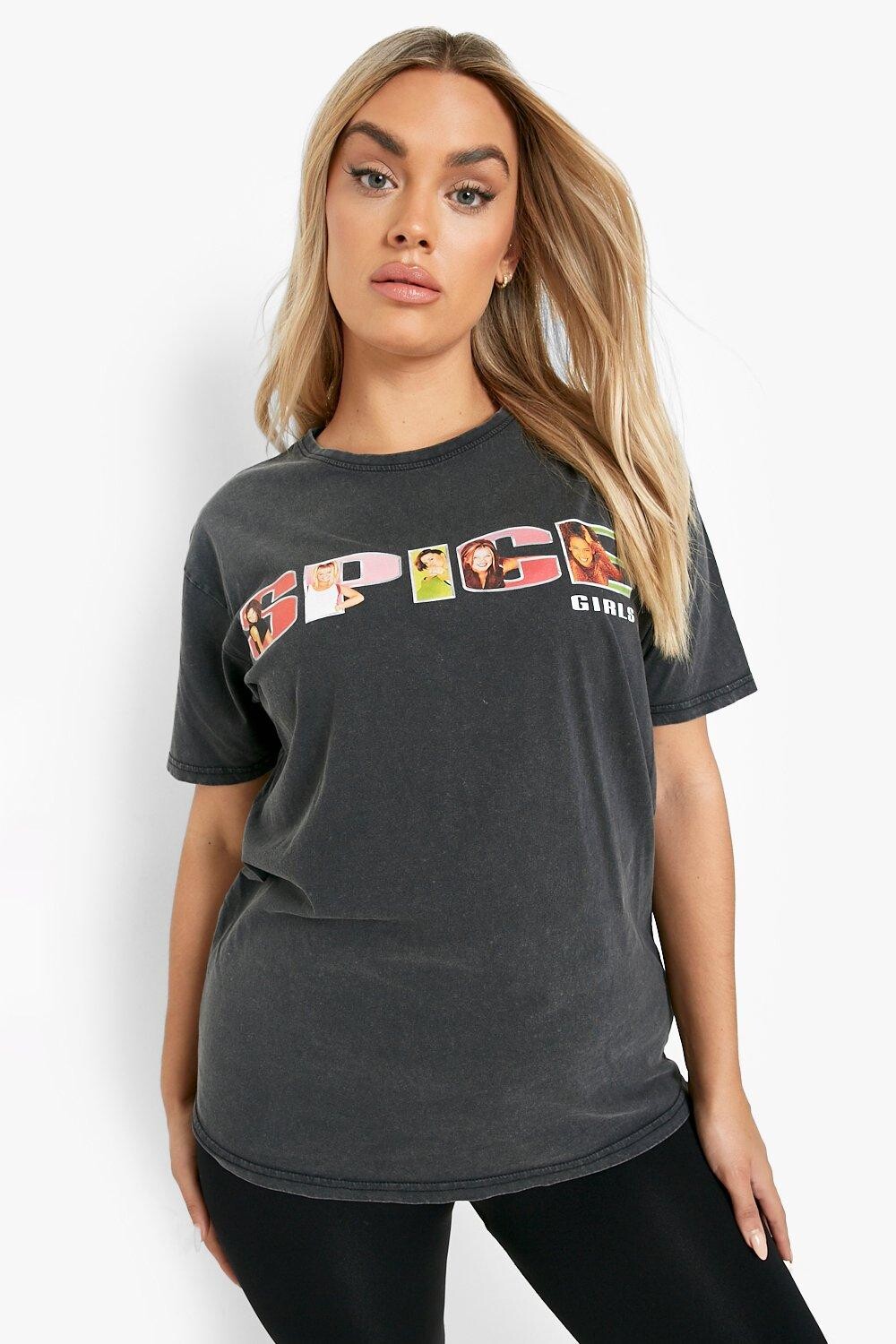

Футболка plus acid wash spice girls license Boohoo, угольный