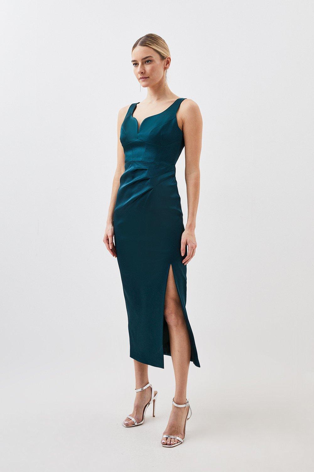 цена Миниатюрное индивидуальное платье макси из итальянского структурированного атласа с корсетом Karen Millen, зеленый