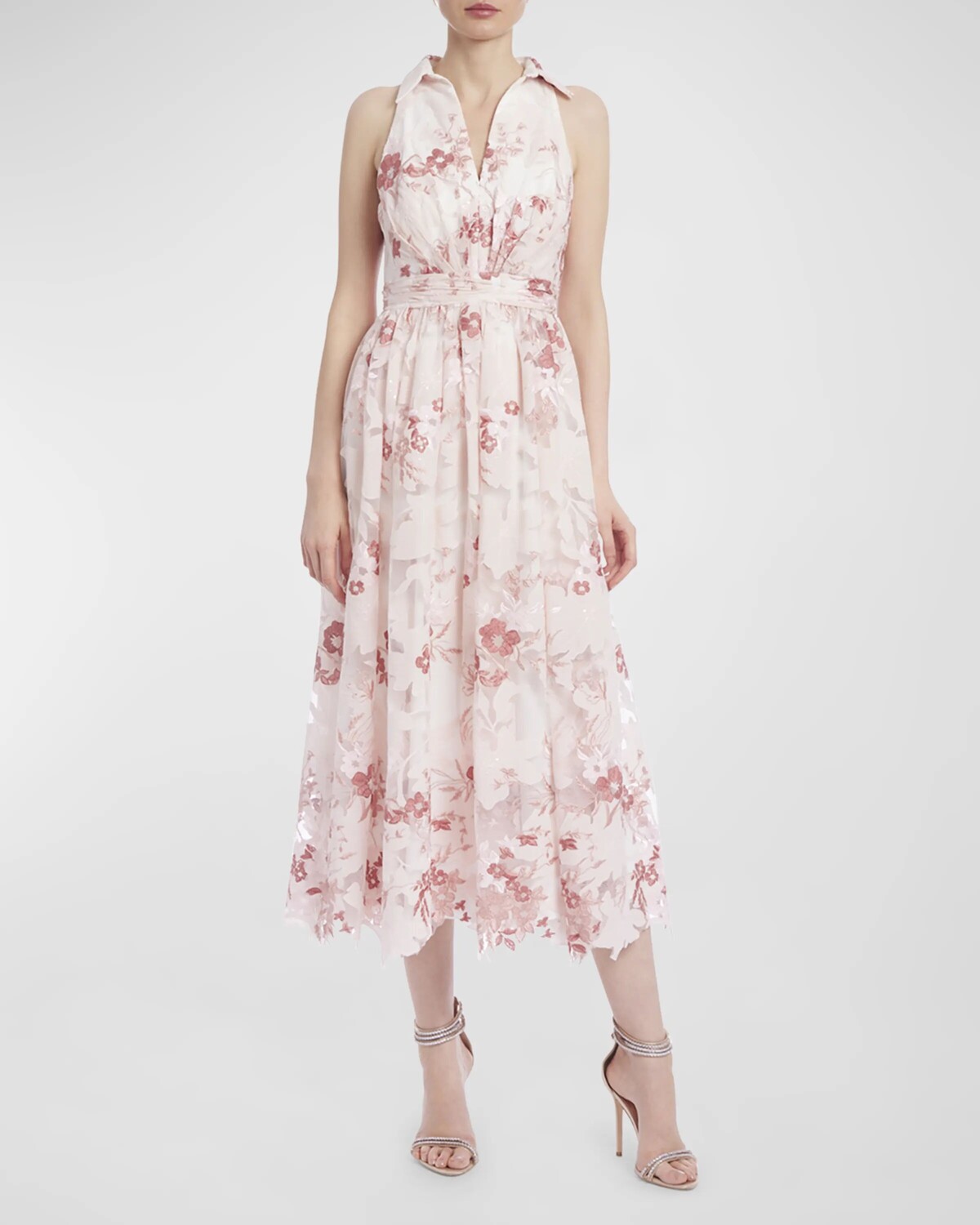 

Жаккардовое платье миди без рукавов с цветочным принтом Badgley Mischka Collection, цвет Blush Multi