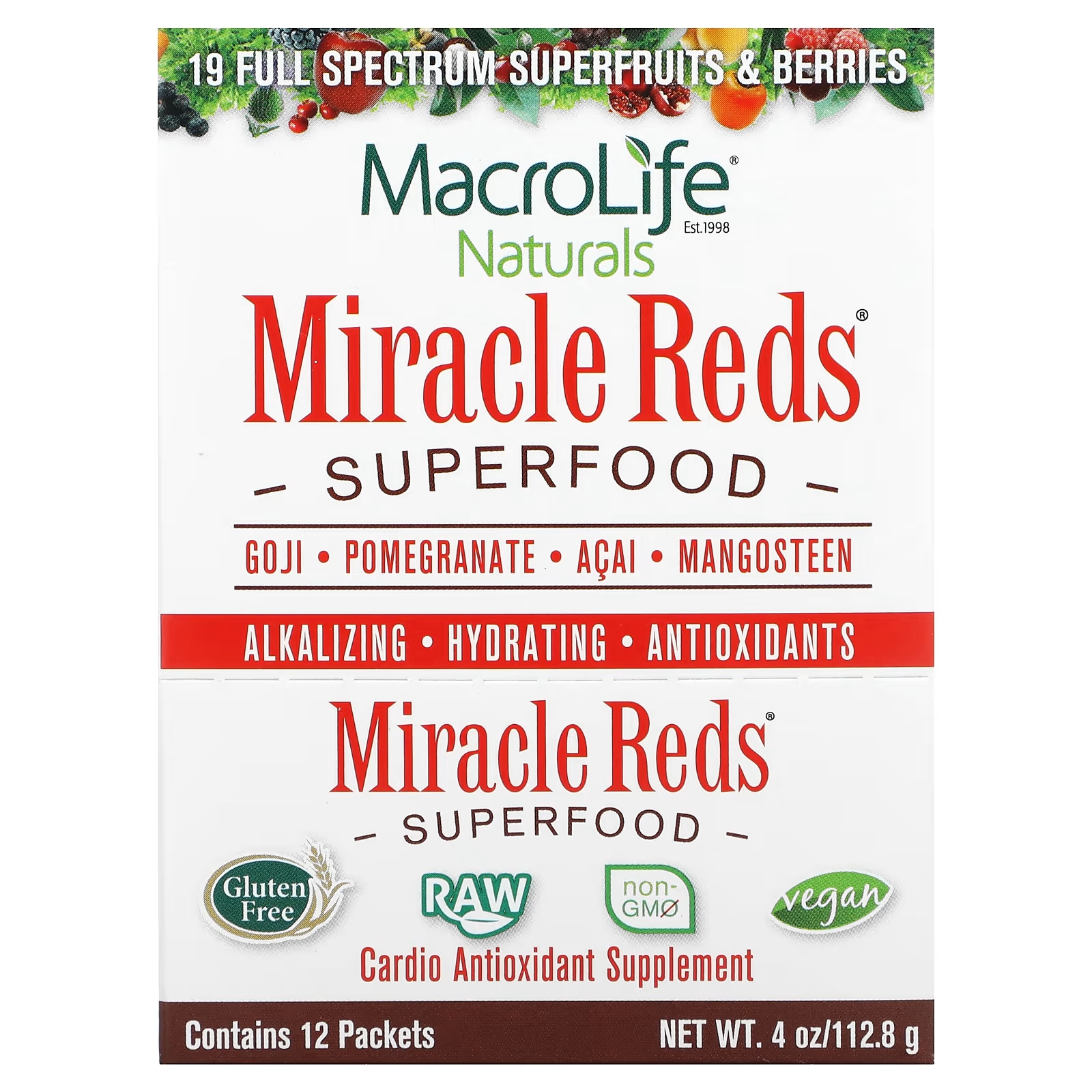 Пищевая добавка Macrolife Naturals Miracle Reds Superfood Goji Pomegranate Acai Mangosteen, 12 пакетиков по 9,5 г