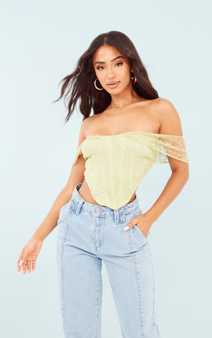 

PrettyLittleThing Сетчатый корсетный топ Petite Sage с цветочными деталями