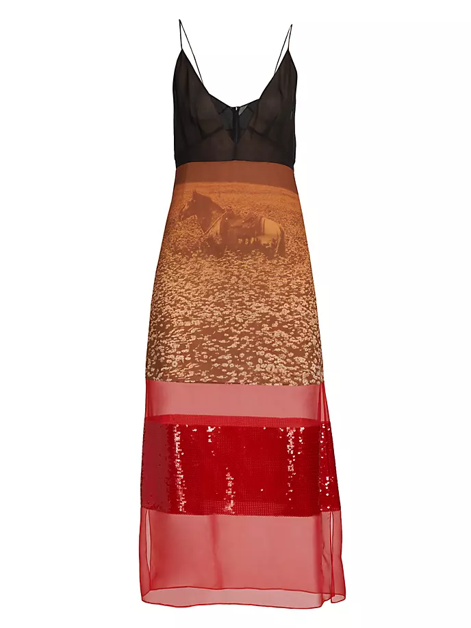 

Платье макси с лошадиным принтом и пайетками Stella Mccartney, цвет ginger