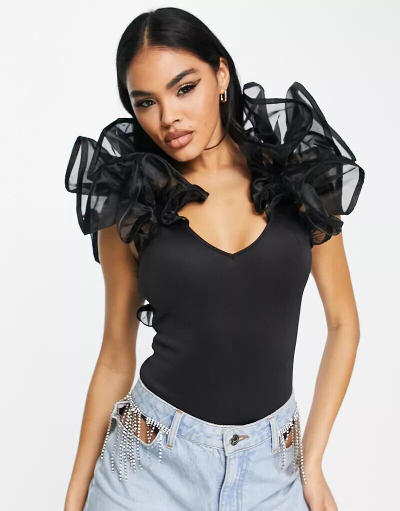 

Черное боди ASOS с рюшами на рукавах из органзы