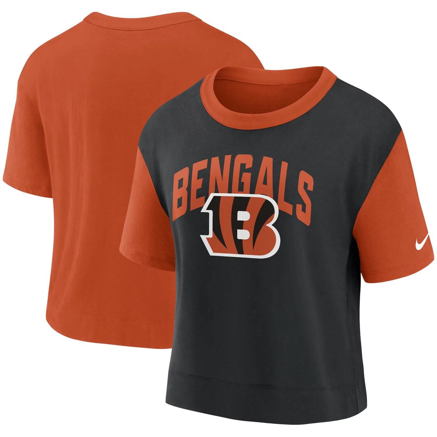 

Женская модная футболка с высокими бедрами Nike оранжево-черная Cincinnati Bengals Nike, Черный