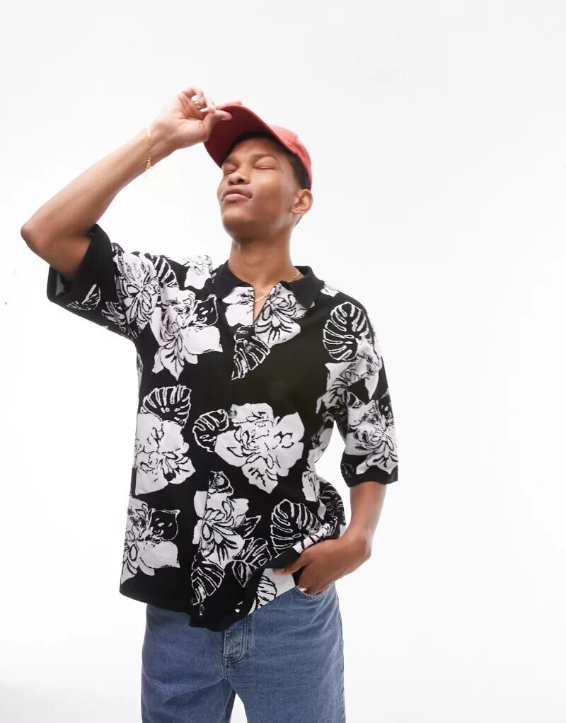 

Трикотажная рубашка на пуговицах с черно-белым цветочным принтом Topman