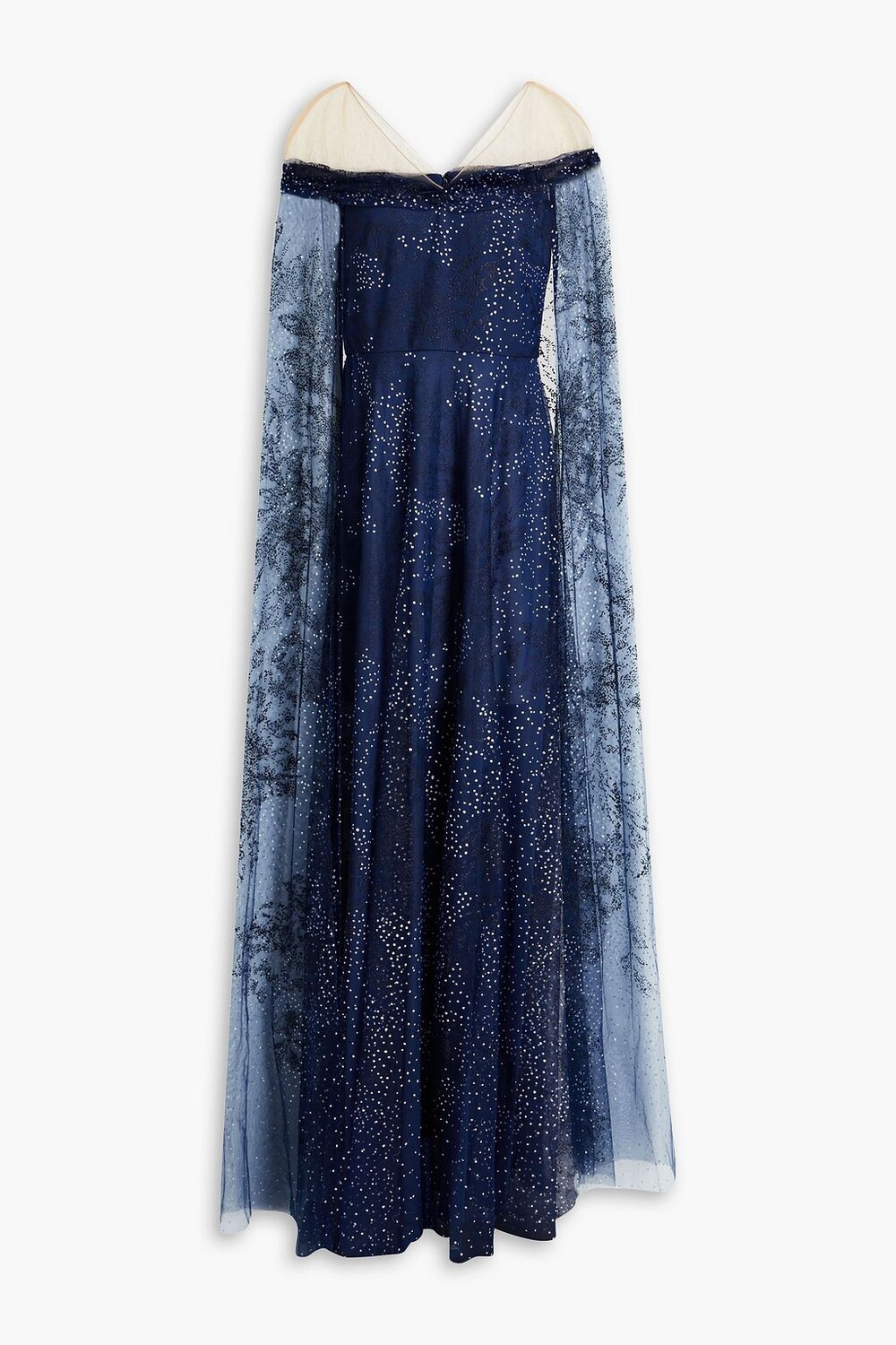 

Платье из блестящего тюля с открытыми плечами MARCHESA NOTTE, нави