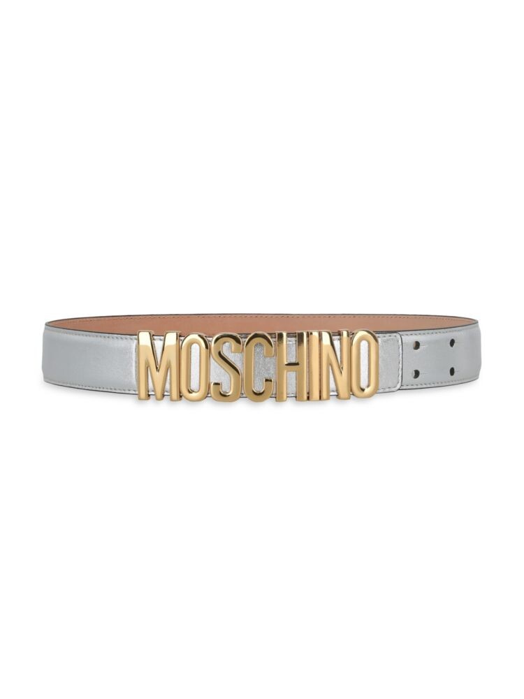 Кожаный ремень с заклепками и логотипом Moschino, цвет Nickel