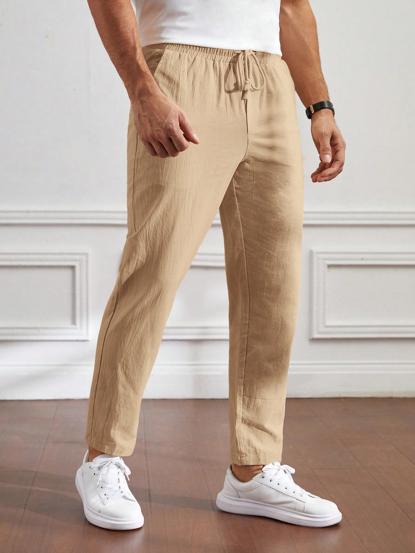 мужские брюки цвета хаки 50 размер Мужские повседневные зауженные брюки из однотонной ткани Manfinity Basics, хаки