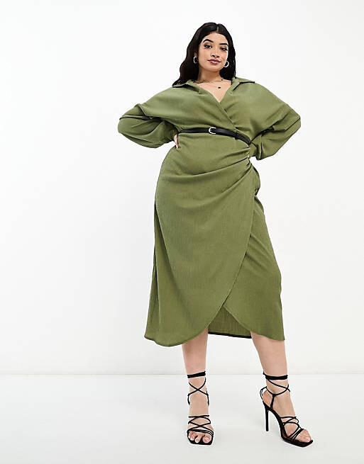

Текстурное платье миди цвета хаки с воротником и запахом ASOS DESIGN Curve