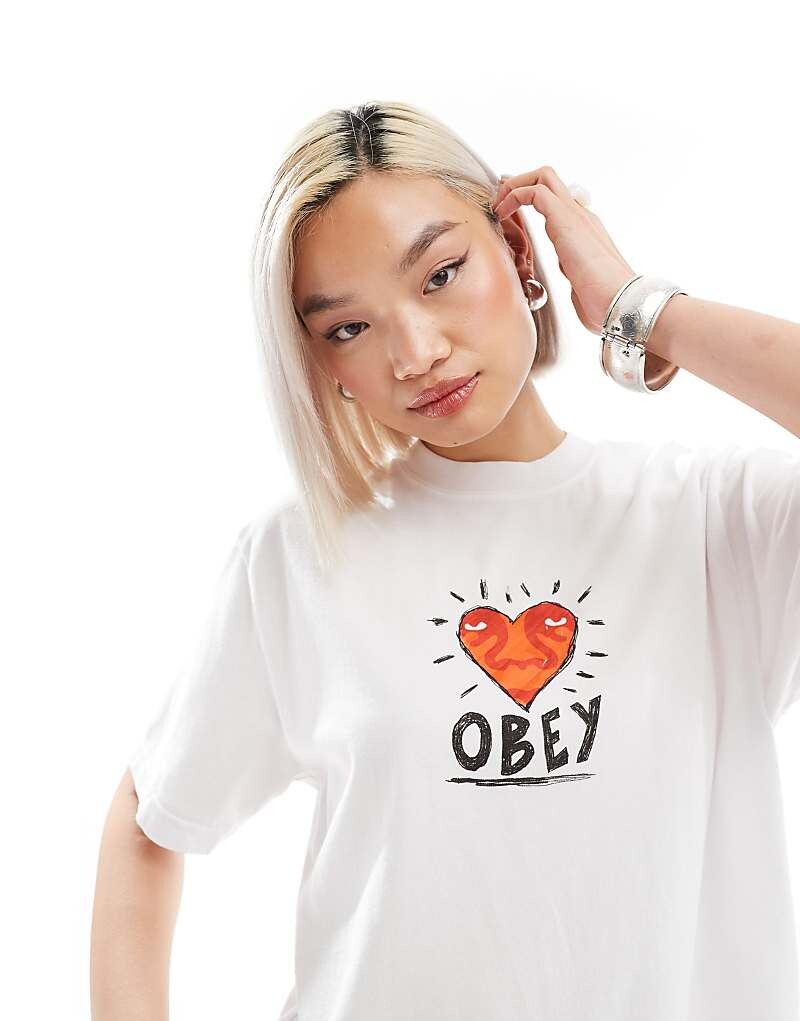 

Белая футболка с короткими рукавами и принтом в виде сердечек Obey