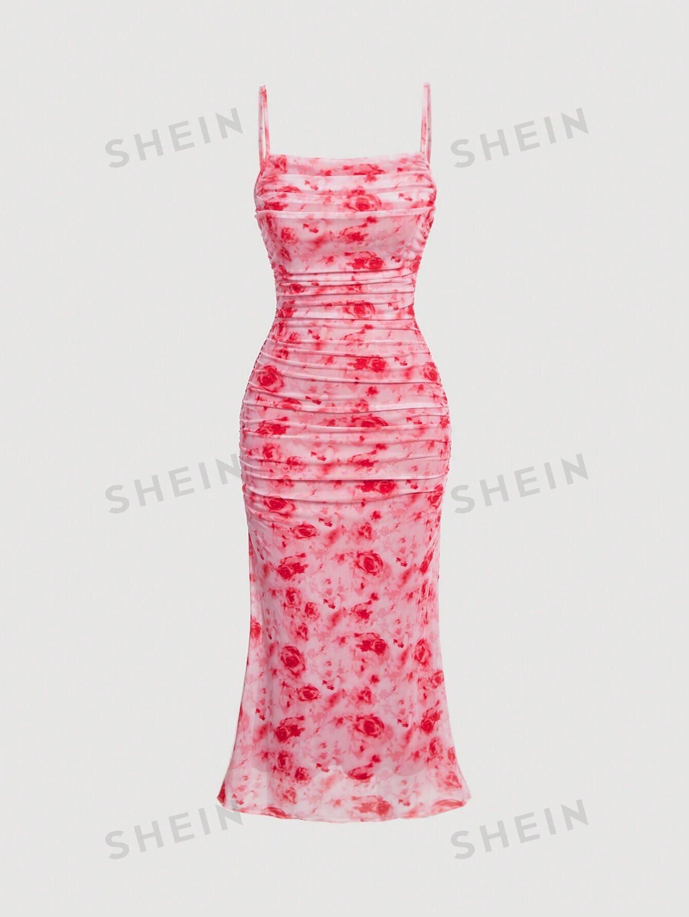 SHEIN MOD Плиссированное платье-комбинация с цветочным принтом и рюшами по подолу, красный