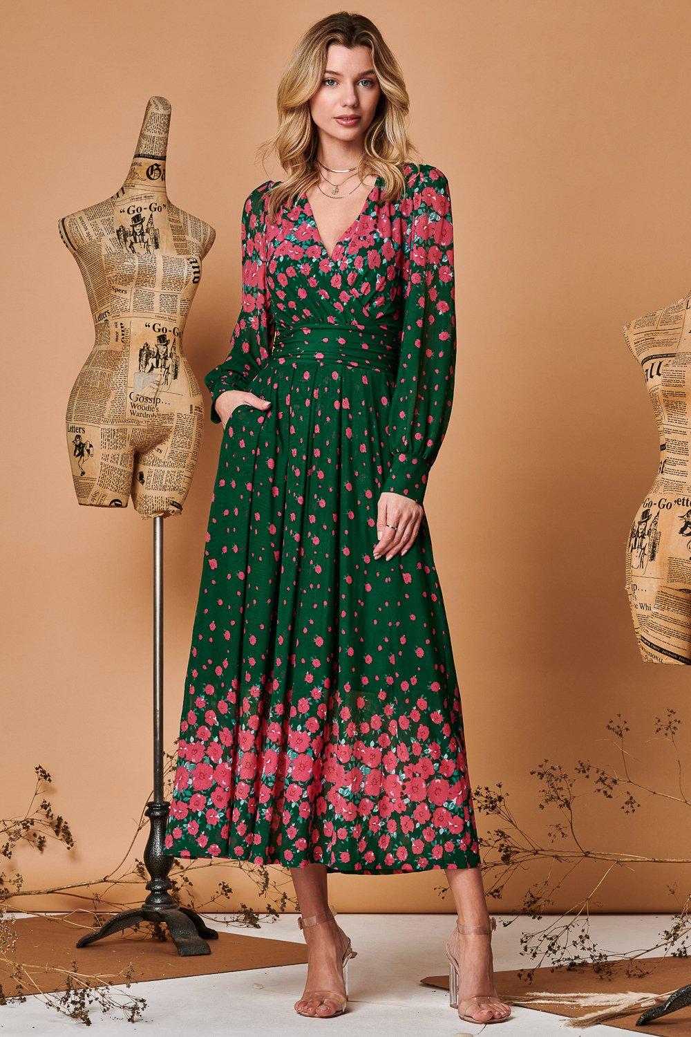 Платье макси из сетки с симметричным принтом Jolie Moi, зеленый
