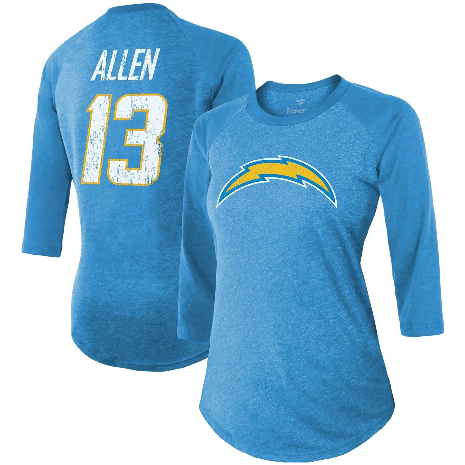 

Женская футболка с логотипом Keenan Allen Powder Blue Los Angeles Chargers Team Fanatics, имя и номер игрока, футболка реглан с рукавами 3/4 Fanatics
