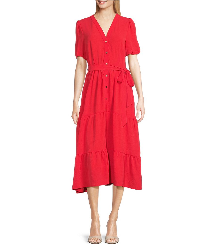 Leslie Fay Многоярусная юбка с короткими рукавами и v-образным вырезом с завязкой на талии Платье-футляр миди, красный