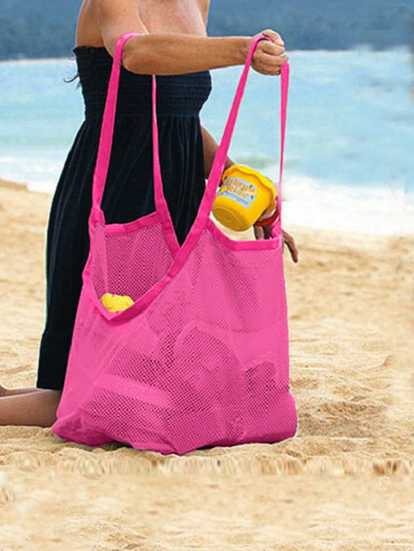 большая пляжная сумка с контрастной переплетной сеткой для отдыха ярко розовый Большая пляжная сумка с контрастной переплетной сеткой для отдыха, ярко-розовый