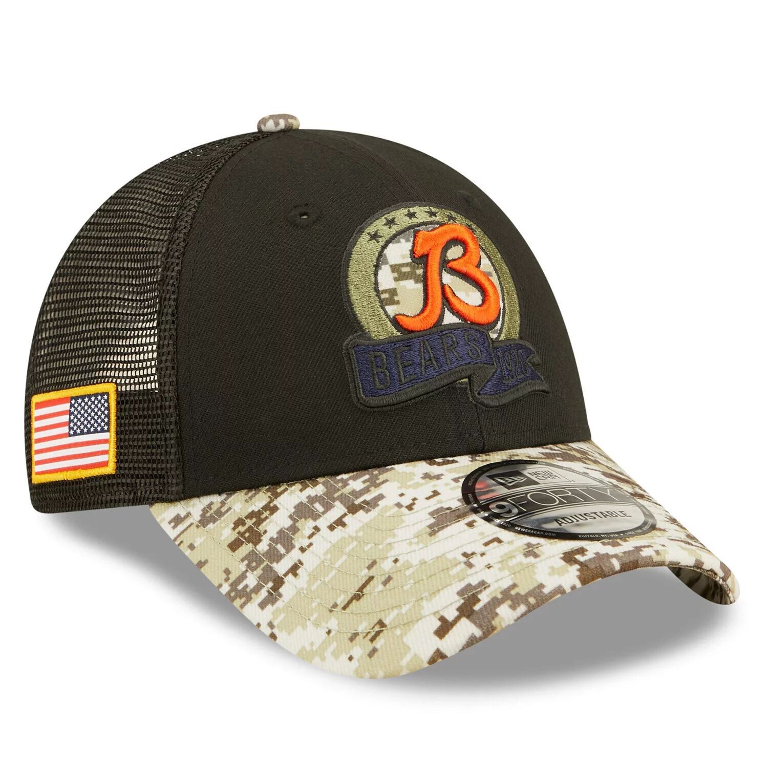 

Мужская кепка New Era Black/Camo Chicago Bears 2022 Salute To Service 9FORTY Snapback Trucker Hat