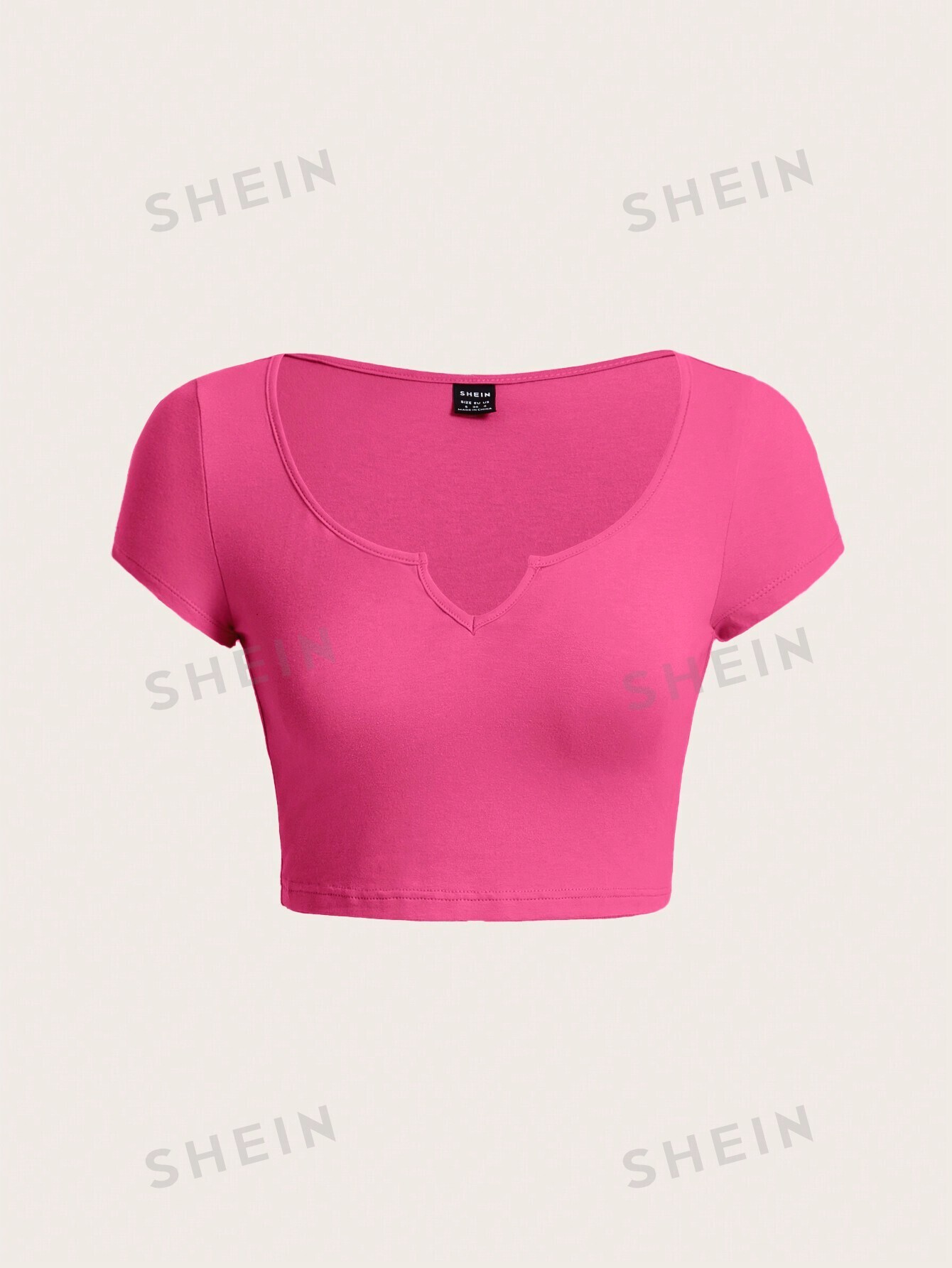 цена SHEIN BASICS Женская однотонная короткая укороченная футболка с вырезом, ярко-розовый