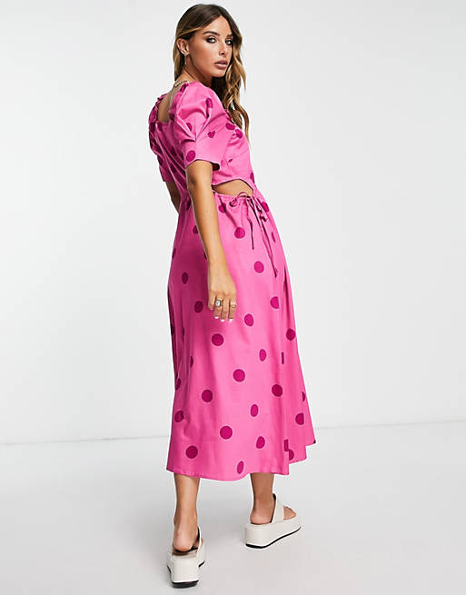 Ярко-розовое платье миди с вырезами и пышными рукавами YAS