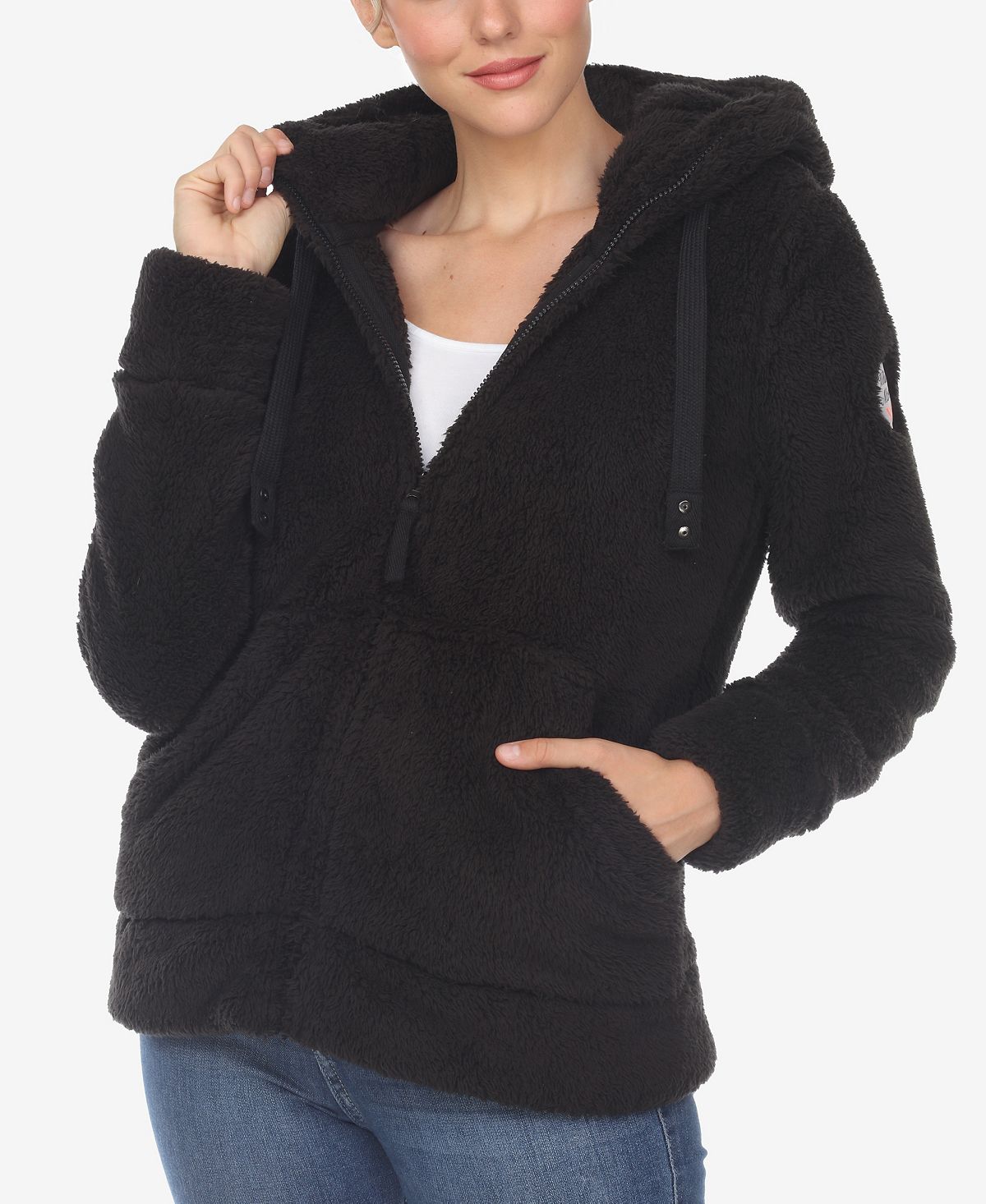 женское пальто из шерпы с открытым передом и капюшоном white mark Женская куртка из шерпы с капюшоном White Mark, черный