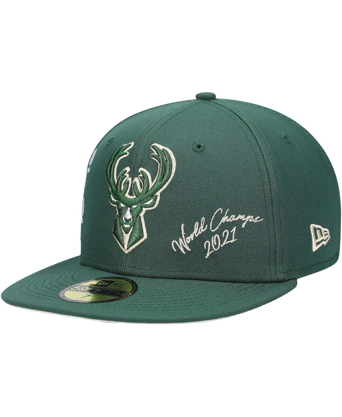Мужская облегающая шляпа Hunter Green Milwaukee Bucks 2021 NBA Finals Champions Icon 59FIFTY New Era
