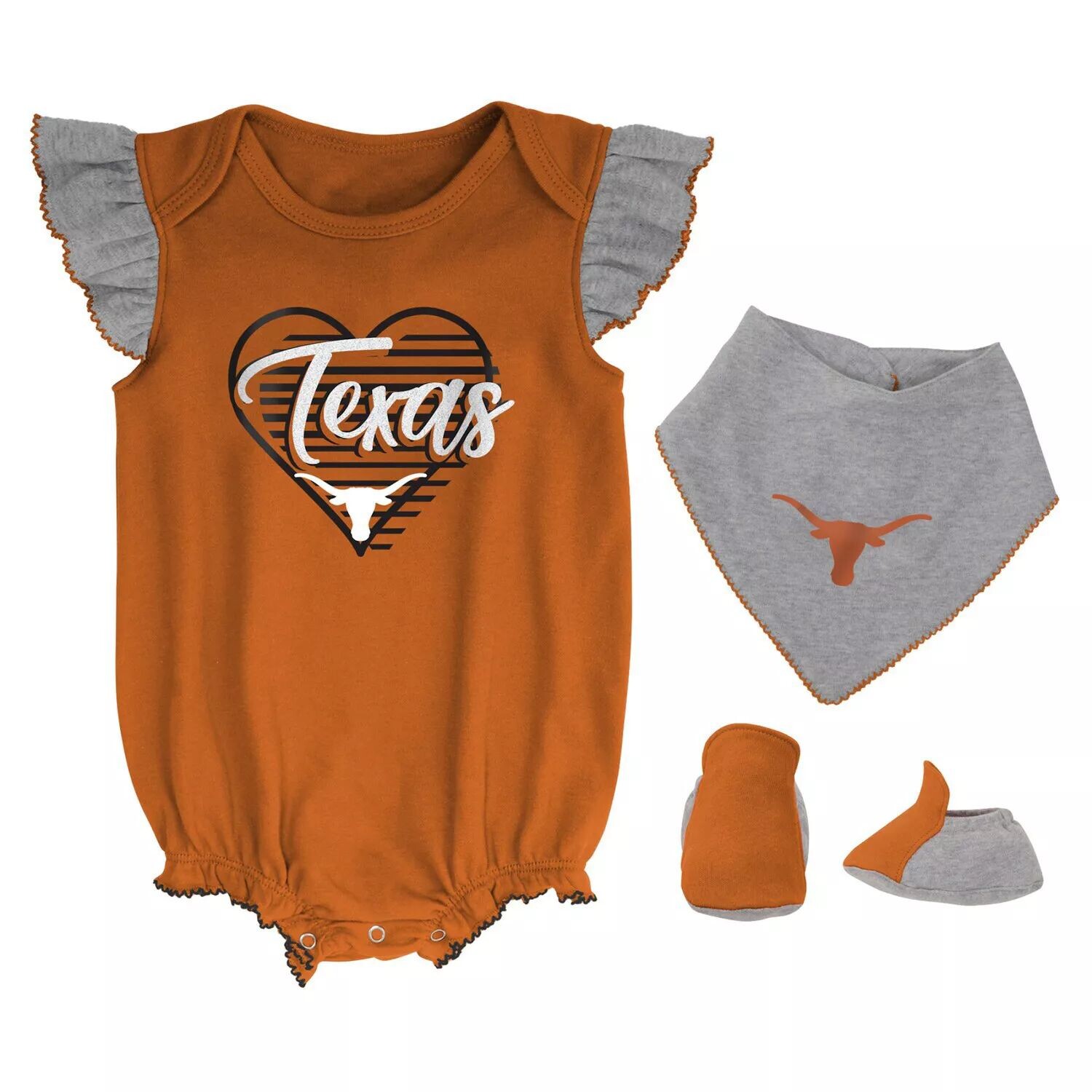 

Комплект боди и пинеток с нагрудником и пинетками Texas Longhorns для новорожденных и младенцев Texas Orange/Heather Grey All The Love Outerstuff
