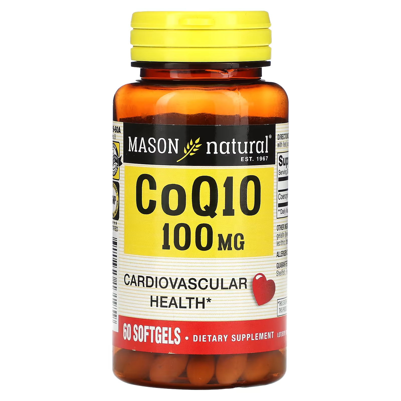 Пищевая добавка Mason Natural Co Q10, 100 мг, 60 мягких таблеток carlson co q10 100 мг 200 мягких таблеток