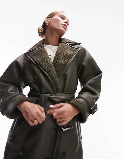 

Оливковый тренч борг из искусственной кожи Topshop