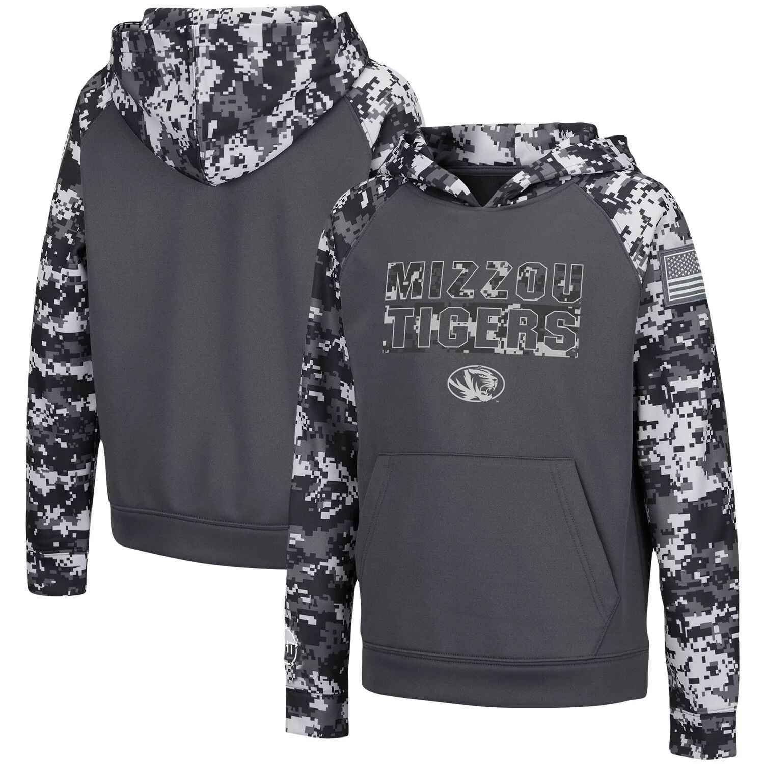 

Молодежный Colosseum Charcoal Missouri Tigers OHT Military Appreciation Digital Camo Пуловер реглан с капюшоном Colosseum