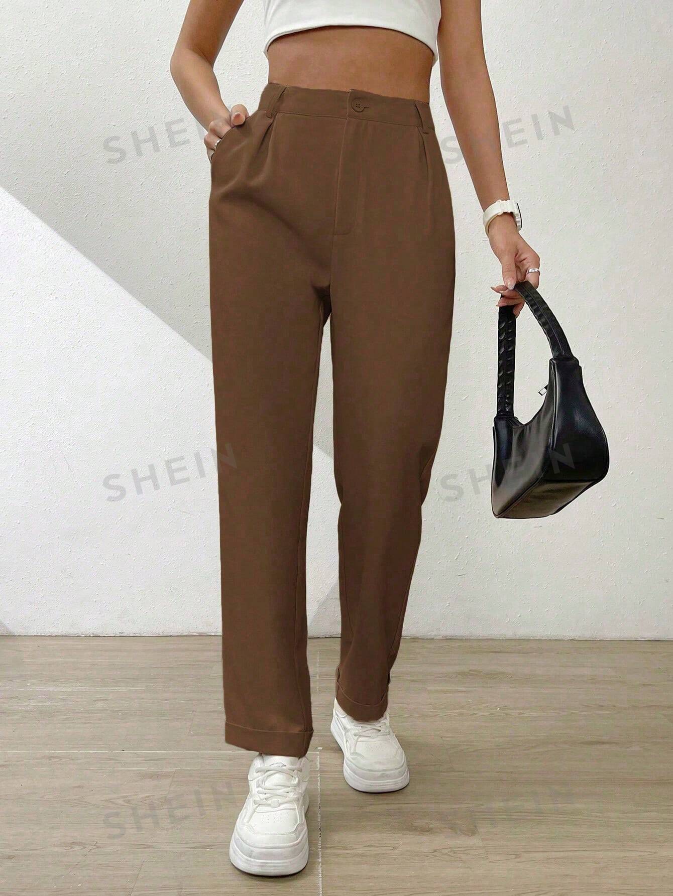 SHEIN Essnce Однотонные широкие брюки со складками и наклонными карманами, коричневый цена и фото