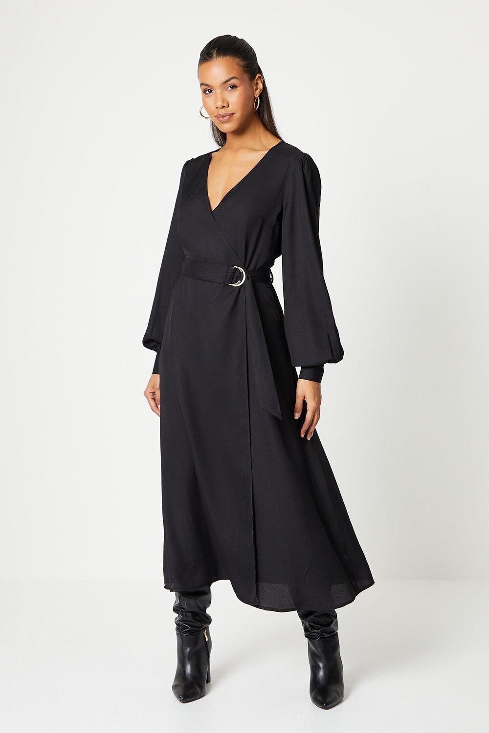

Высокое платье миди с запахом и пряжкой Dorothy Perkins, черный