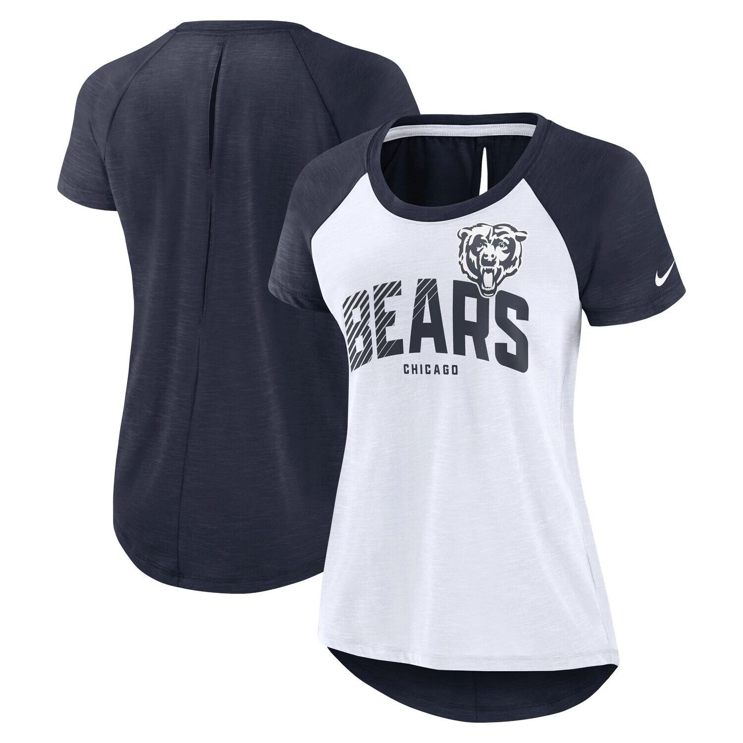 

Женская футболка реглан Nike White/Heather Navy Chicago Bears с вырезом на спине Nike