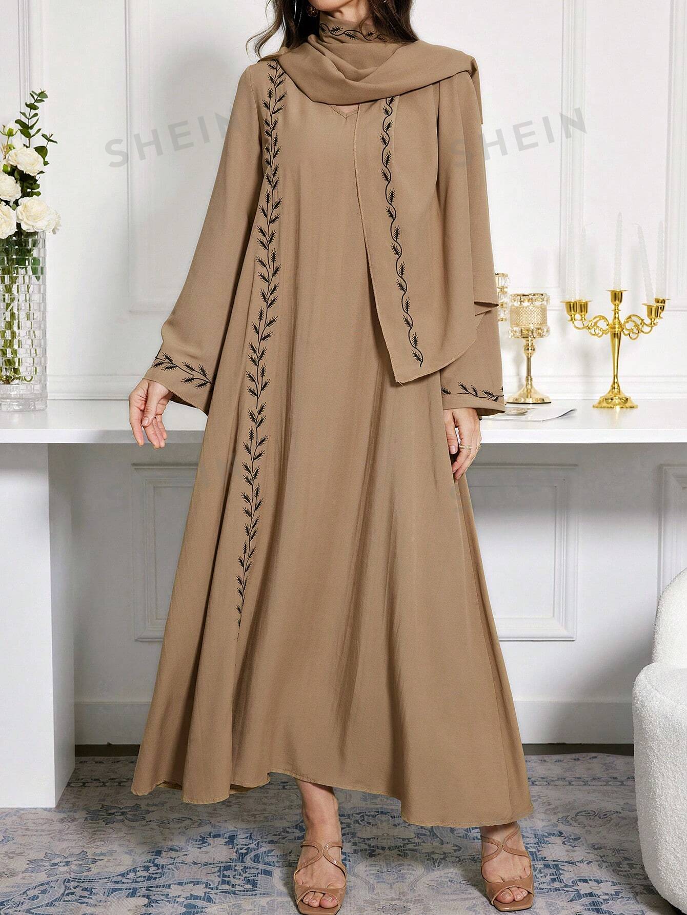 SHEIN Najma женское платье в арабском стиле с v-образным вырезом и вышивкой, коричневый женское свадебное платье с кружевной аппликацией белое простое атласное платье в стиле бохо с v образным вырезом лето 2021