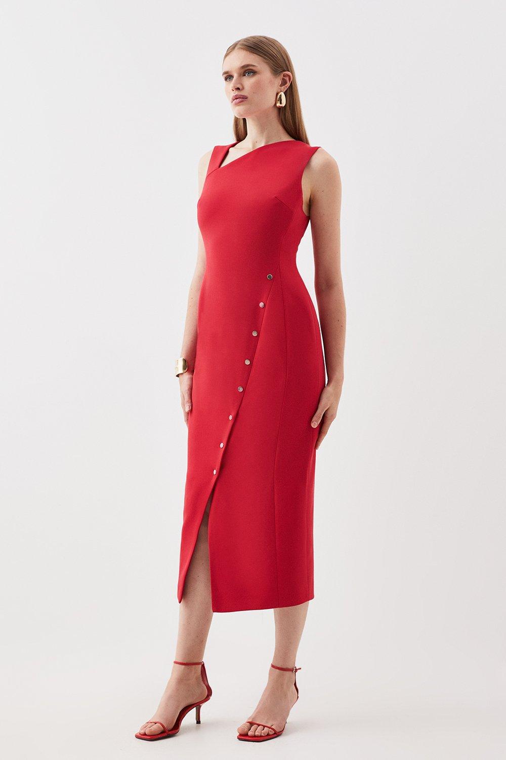 Компактное компактное платье-карандаш миди с асимметричными пуговицами на заказ Karen Millen, красный