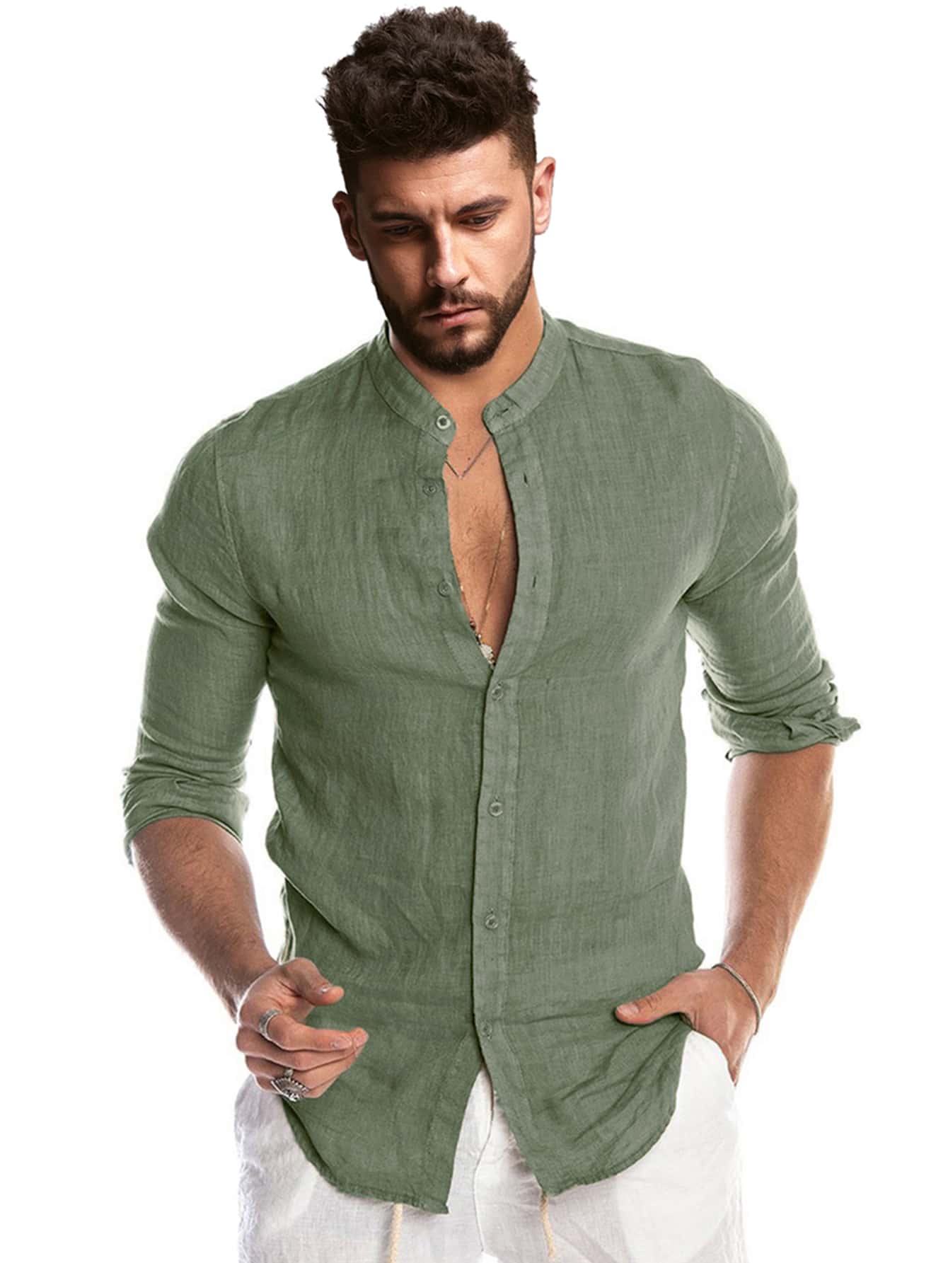 Мужская однотонная рубашка с короткими рукавами Manfinity RSRT, армейский зеленый