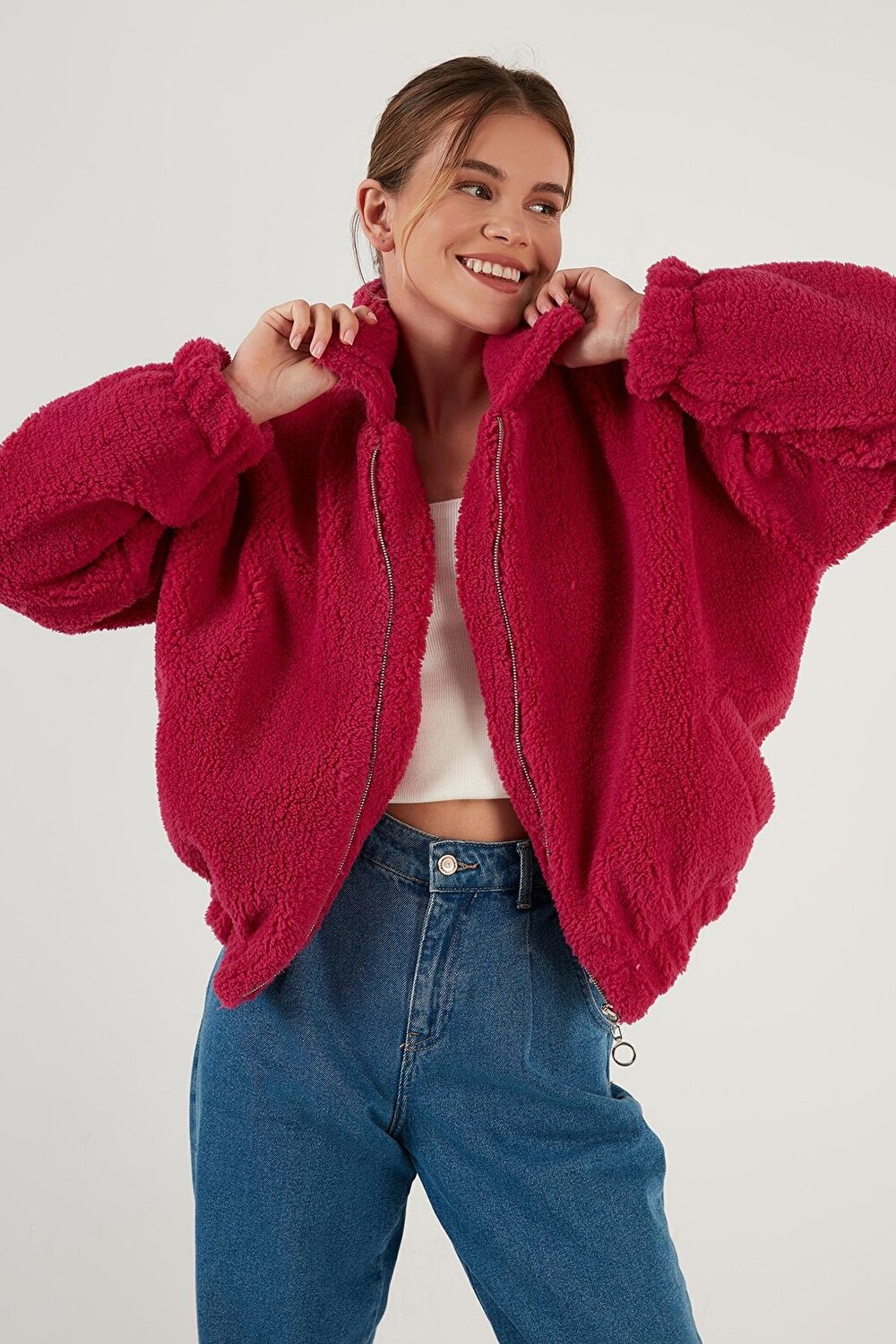 

Пальто из мягкого лохматого меха Oversize на молнии 42190017 Lela, фуксия, Розовый