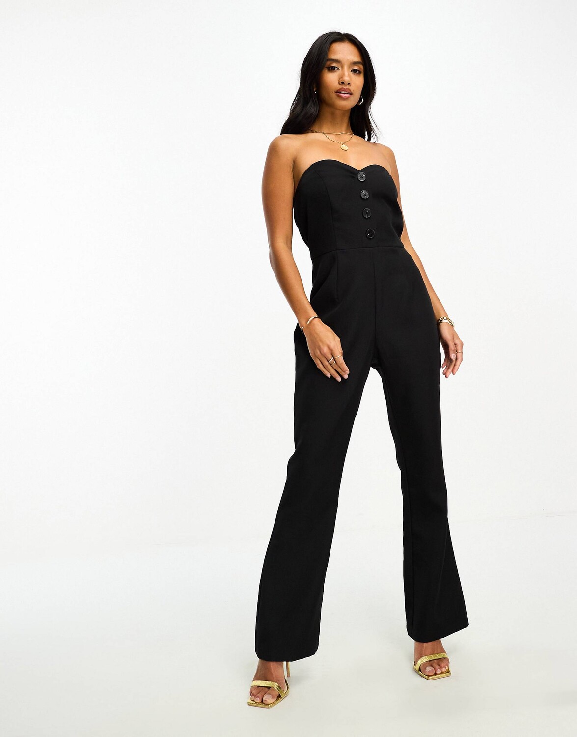 

Черный комбинезон широкого кроя с пуговицами In The Style Petite