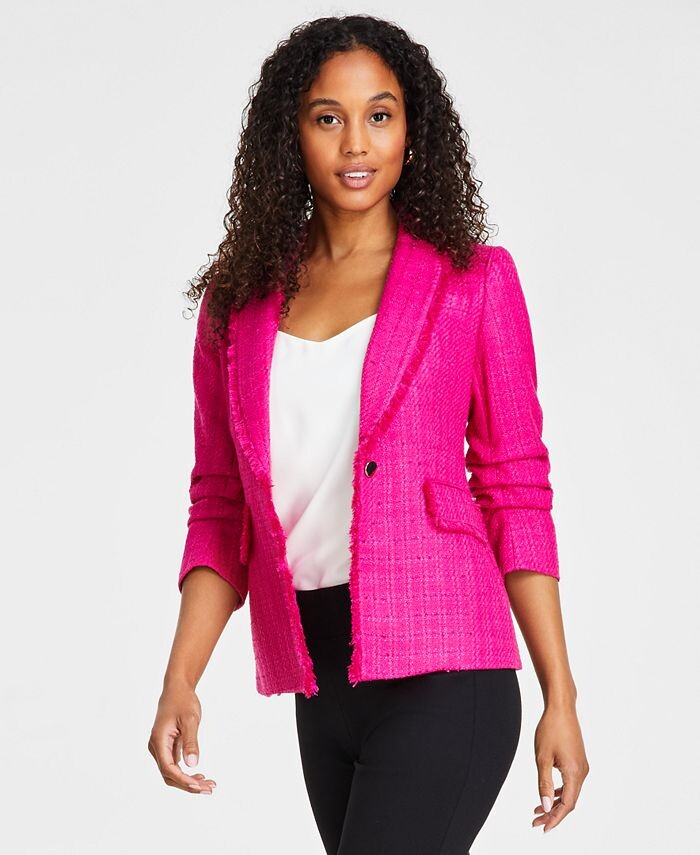 

Твидовый жакет Petite с короткими рукавами и бахромой Anne Klein, розовый