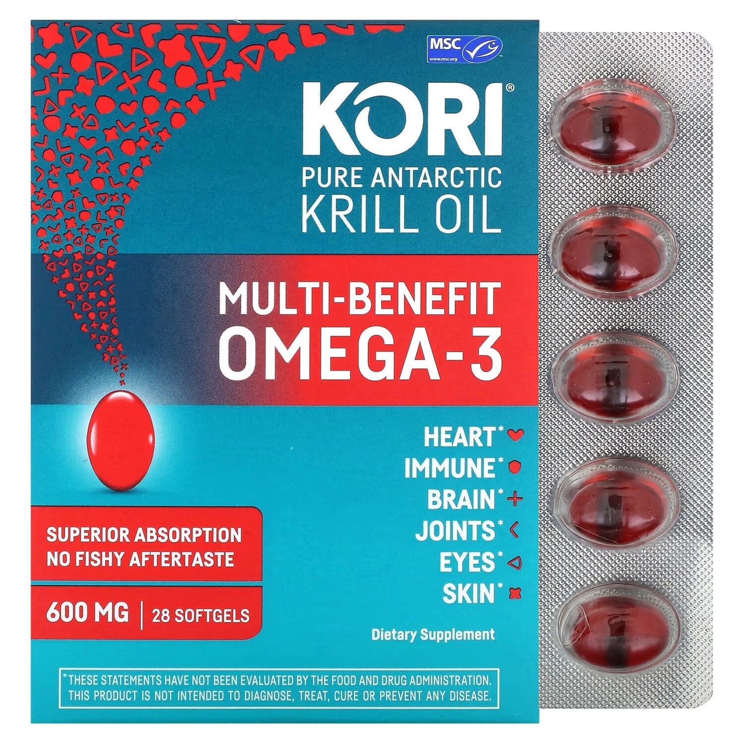 

Kori Pure Масло антарктического криля с многофункциональными преимуществами Омега-3, 600 мг, 28 мягких таблеток