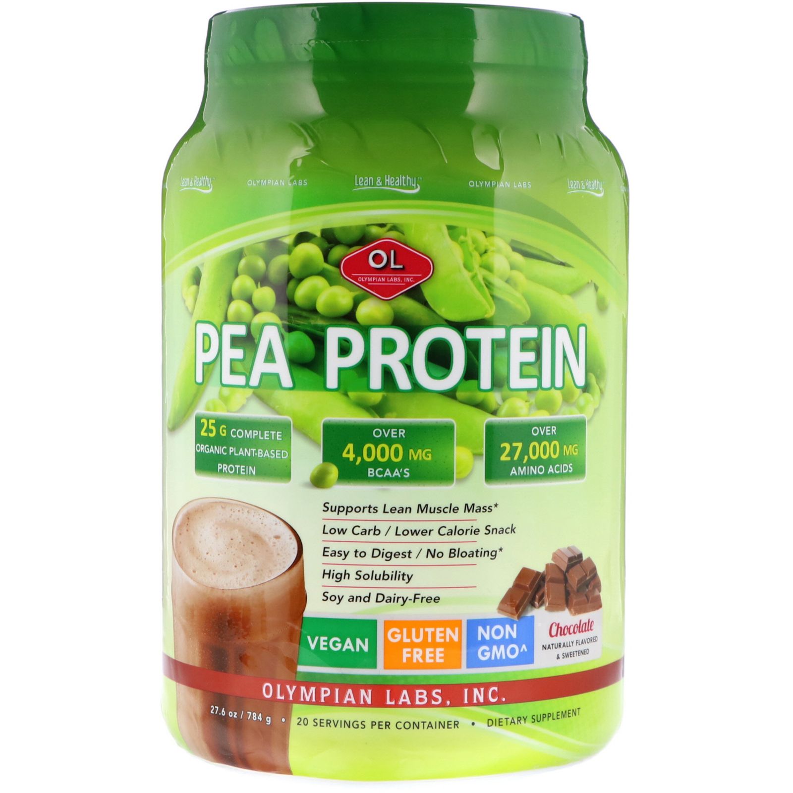 Olympian Labs Lean & Healthy Pea Protein Chocolate 27.6 oz (784 g) olympian labs гороховый белок без запаха 843 75 грамма