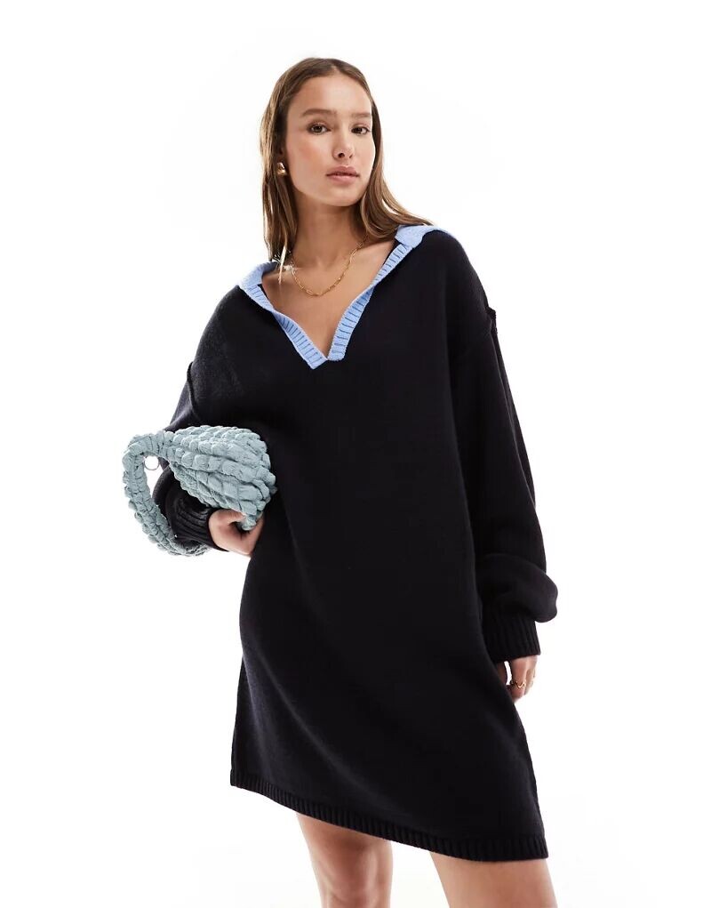 

Трикотажное платье-рубашка мини длины ASOS, Черный