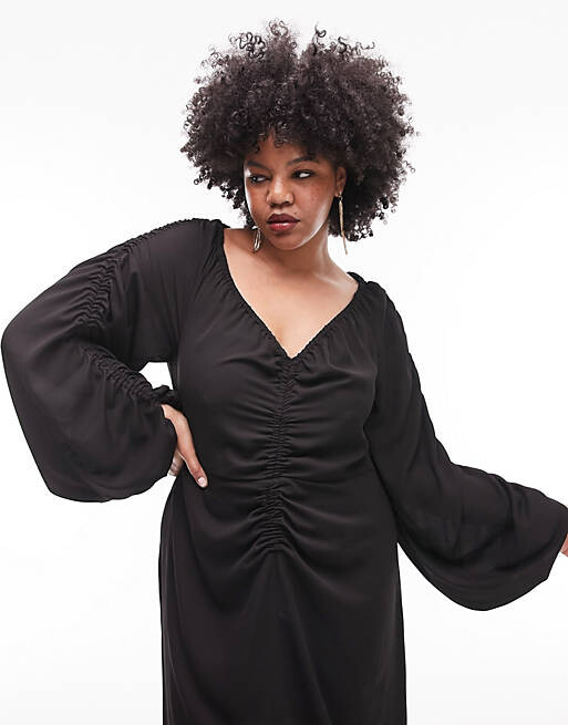 

Черное платье миди со сборками и сборками Topshop Curve