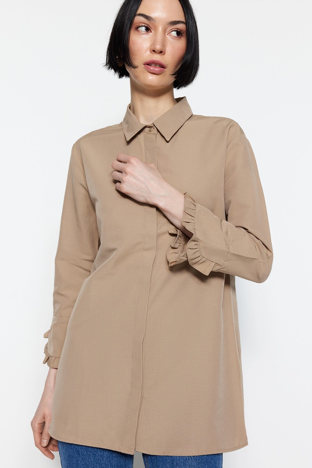

Рубашка - Бежевая - Классический крой Trendyol Modest, бежевый