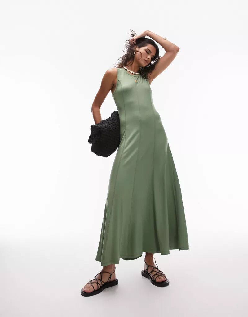 Платье миди из джерси Topshop цвета хаки с контрастной строчкой