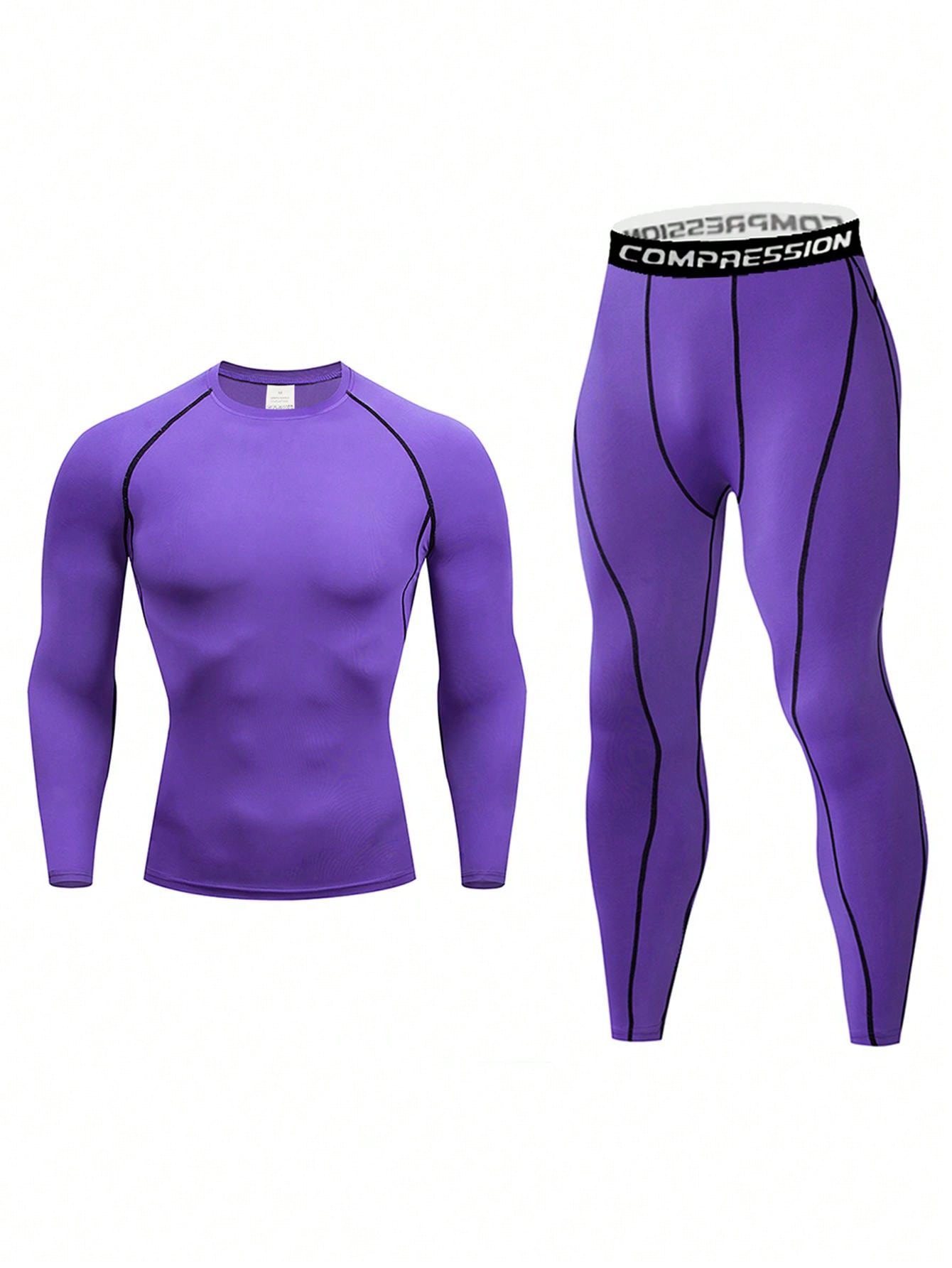 Мужской компрессионный топ с длинными рукавами и длинные брюки для фитнеса и бега, фиолетовый