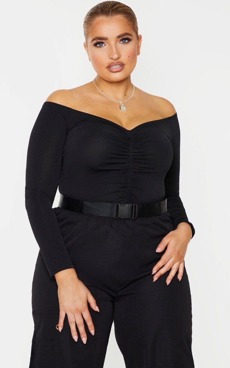 

PrettyLittleThing Черный обтягивающий укороченный топ с длинными рукавами и сборками спереди