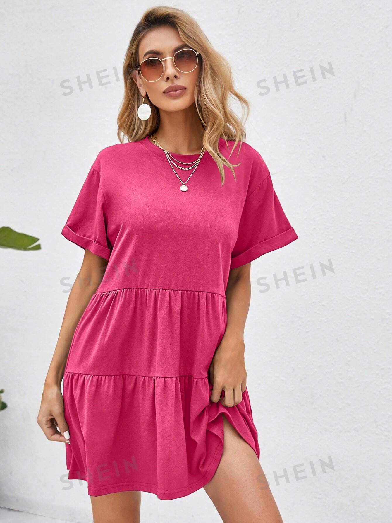 цена SHEIN VCAY Однотонное платье с заниженными плечами и короткими рукавами, ярко-розовый